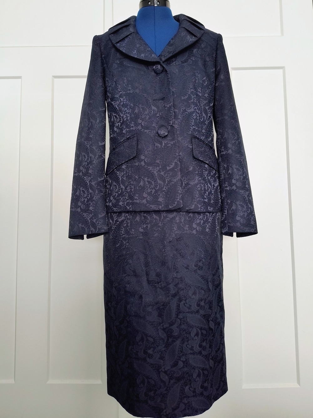 Le Suit Navy Jacquard Blazer and Skirt Suit